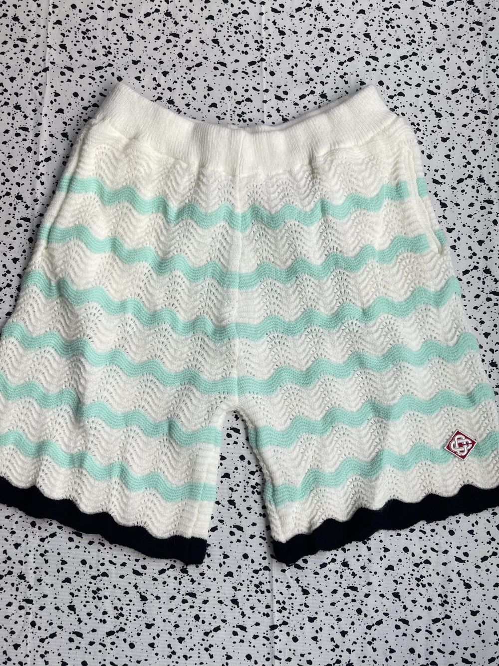 White & Green Chevron Knit Shorts with Navy Trim